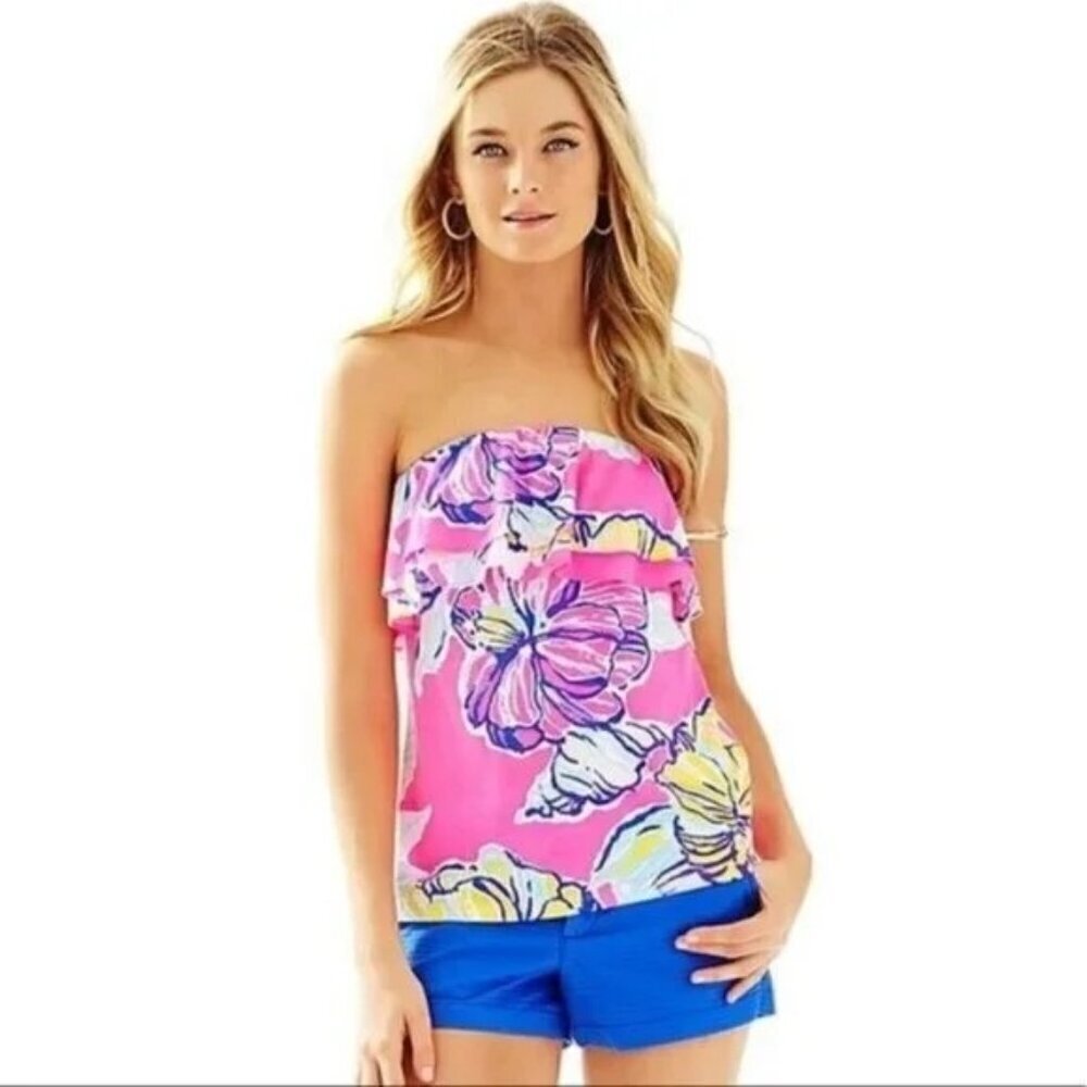 Lilly Pulitzer Strapless Floral Ruffle Rilo Tube Top Pink Cotton Blend
